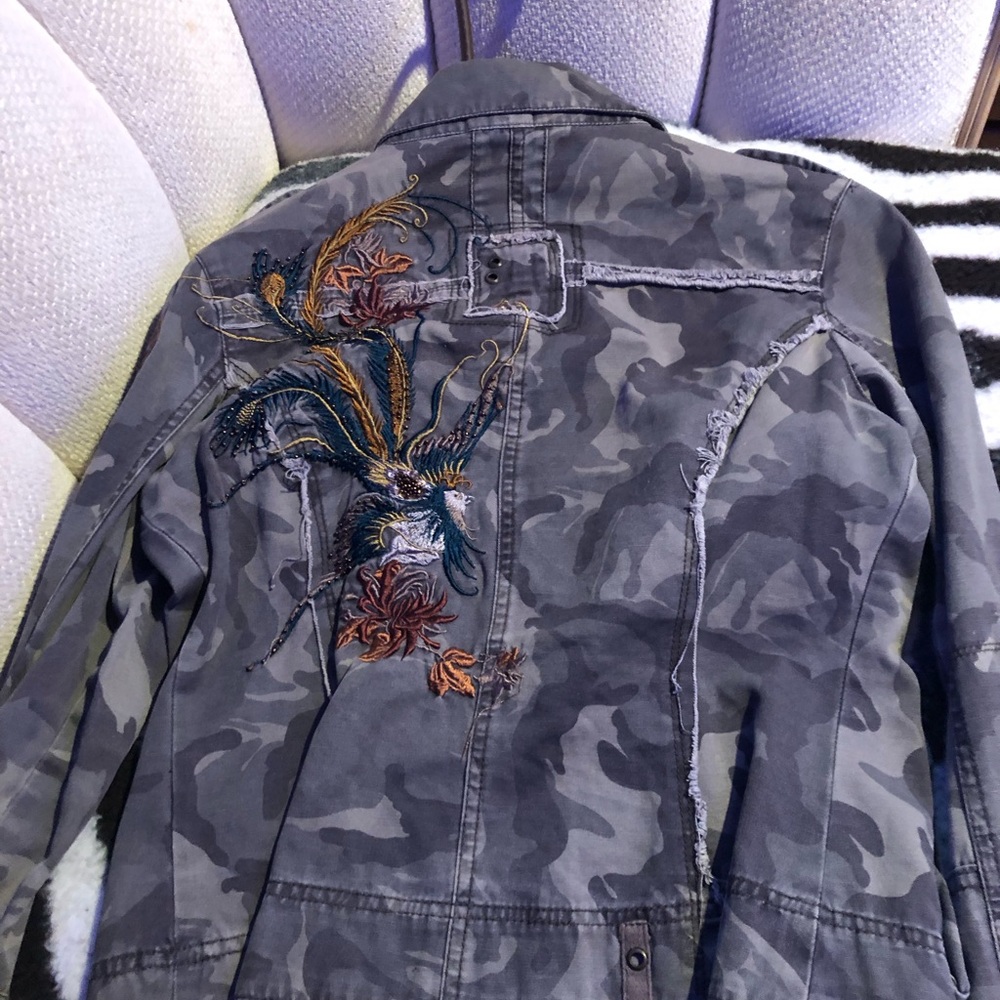 Boho Embroidered Beaded Back Camo Jacket